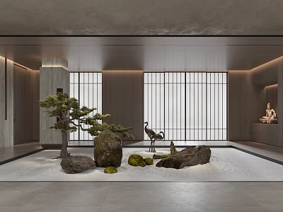Indoor Japanese Zen Garden Ornament with White Gravel Stones Pine Crane Ornaments and Lattice Windows 3d model