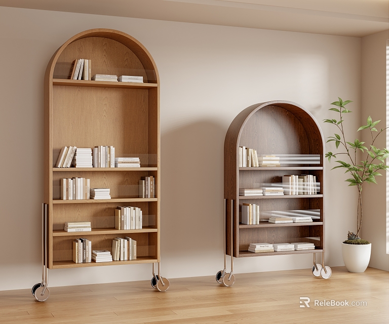 Wooden Mobile Bookcases With Arched Tops And Neatly Arranged Books In Interior 3d model 