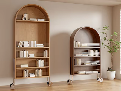 Wooden Mobile Bookcases With Arched Tops And Neatly Arranged Books In Interior 3d model