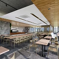 Modern Restaurant Interior With Wooden Ceiling Open Space Dining Tables And Natural Light 3d model