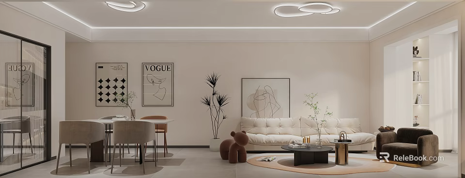 Modern Living Dining Room Interior With Beige Sofa Round Table VOGUE Wall Art And Plants 3d model 