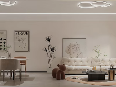 Modern Living Dining Room Interior With Beige Sofa Round Table VOGUE Wall Art And Plants 3d model