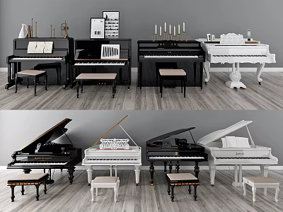 Musical Instruments And Art Supplies With Black White Pianos Benches And Sheet Music 3d model