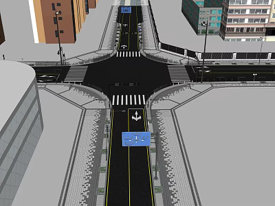 Urban Road Infrastructure at Intersection With Traffic Signals Zebra Crossings Lane Markings and Street Lamps 3d model