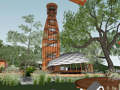Spiral Wooden Tower in Natural Landscape with Trees Grass and Glass Dome Structure 3d model