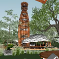 Spiral Wooden Tower in Natural Landscape with Trees Grass and Glass Dome Structure
