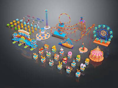 Kids Fun Amusement Park With Colorful Rides And Various Playground Attractions 3d model