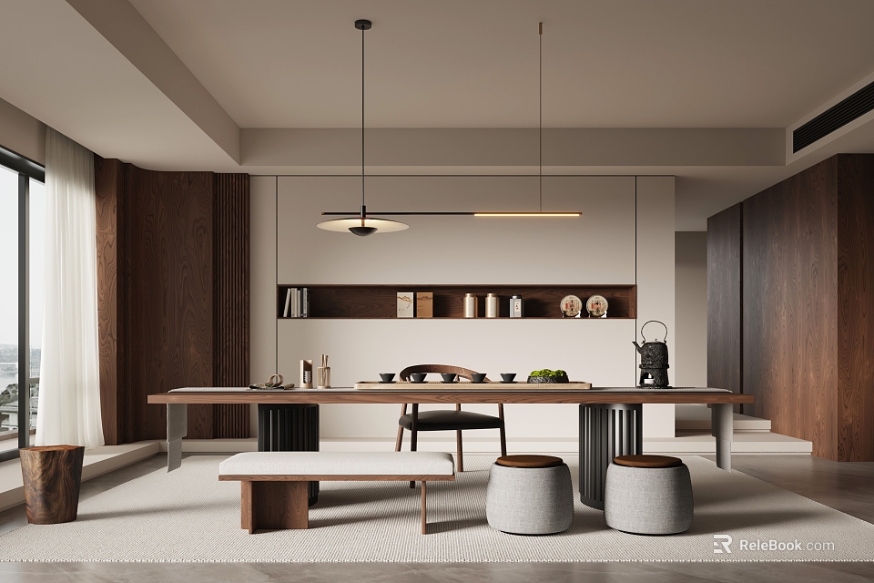 Modern Open Tea Room Interior With Wooden Long Table Pendant Lights And Storage Shelves 3d model 
