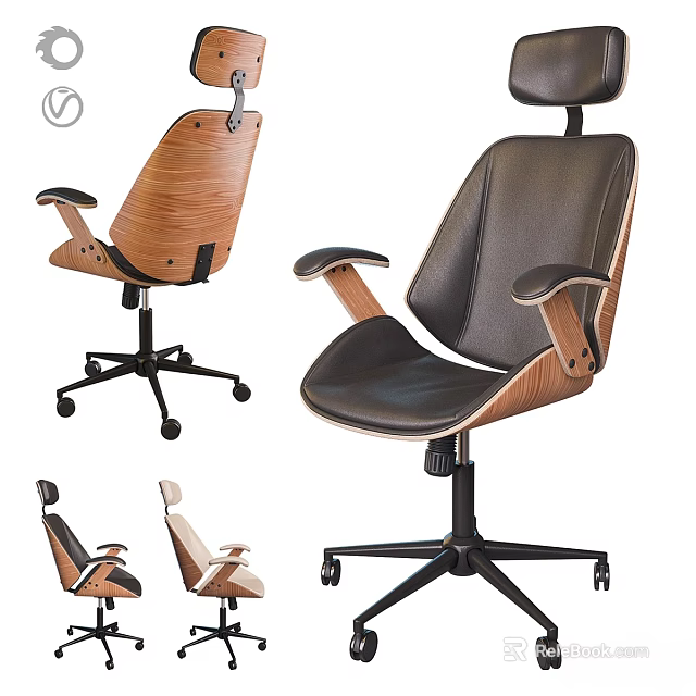 Modern Office Desk And Chair Set With Wooden Armrests Leather Seat And Swivel Wheels 3d model 