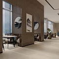 Modern Chinese Tea House Interior With Wooden Shelves Tea Display And Tables Chairs