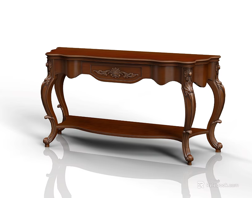 Classic Style Wooden Entryway Console Table Featuring Carved Details Curved Legs And Lower Shelf 3d model 