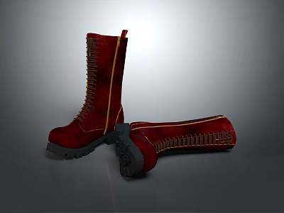Stylish Red High Top Boots With Yellow Stitching And Dark Soles 3d model