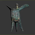 Ancient Chinese Bronze Wine Vessel with Green Patina and Three Legs Design