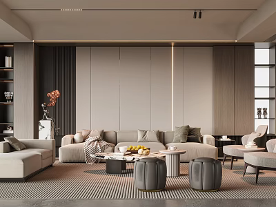 Elegant Living Room With Light Beige Sofa Multiple Cushions Coffee Table Gray Stools Striped Rug 3d model