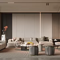 Elegant Living Room With Light Beige Sofa Multiple Cushions Coffee Table Gray Stools Striped Rug