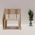 Modern Wooden Chair With Slat Structure And Green Plant In Minimalist Space