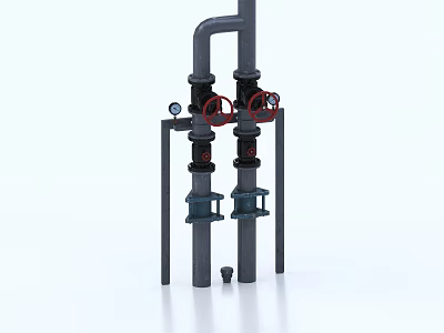 Black Industrial Pipe System With Valves Gauges And Metal Support Stands 3d model