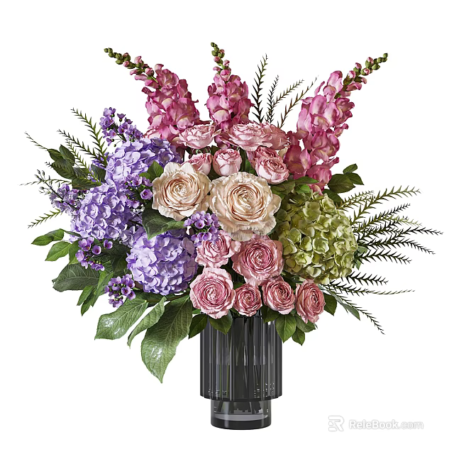 Decorative Flower Arrangement in Vase with Pink Roses Purple Hydrangeas and Green Leaves 3d model 