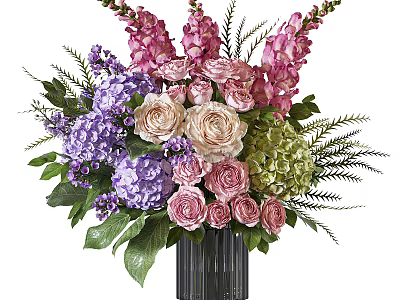 Decorative Flower Arrangement in Vase with Pink Roses Purple Hydrangeas and Green Leaves 3d model