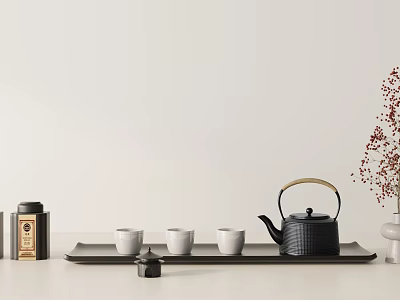 Minimalist Tea Set With Black Teapot White Teacups On Wooden Tray 3d model