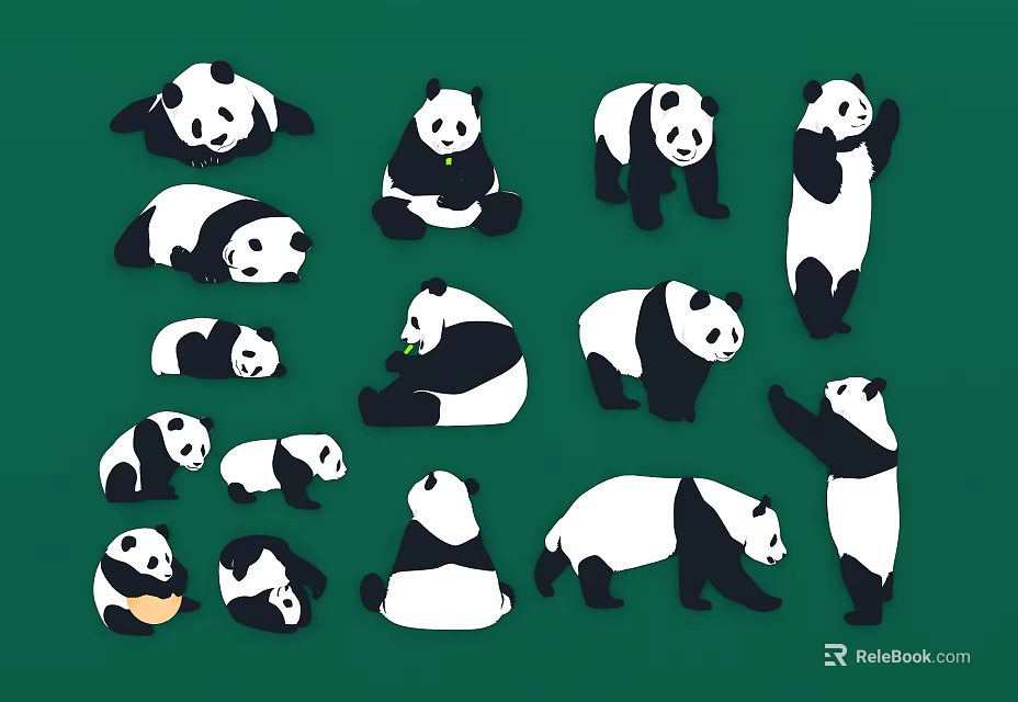 Cute Panda Wall Decor With Multiple Various Poses On Green Background 3d model 