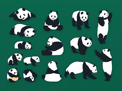 Cute Panda Wall Decor With Multiple Various Poses On Green Background 3d model