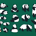 Cute Panda Wall Decor With Multiple Various Poses On Green Background 3d model