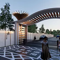 Modern Entrance Gate With Curved Wooden Roof And Driveway For Vehicles And Pedestrians