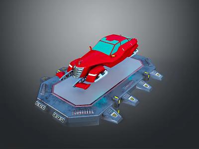 Red Car With Green Roof Displayed On Gray Platform With Illuminated Devices 3d model