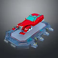 Red Car With Green Roof Displayed On Gray Platform With Illuminated Devices