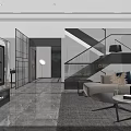 Modern Living and Dining Room Interior With Open Layout Sofa Coffee Table And Lighting