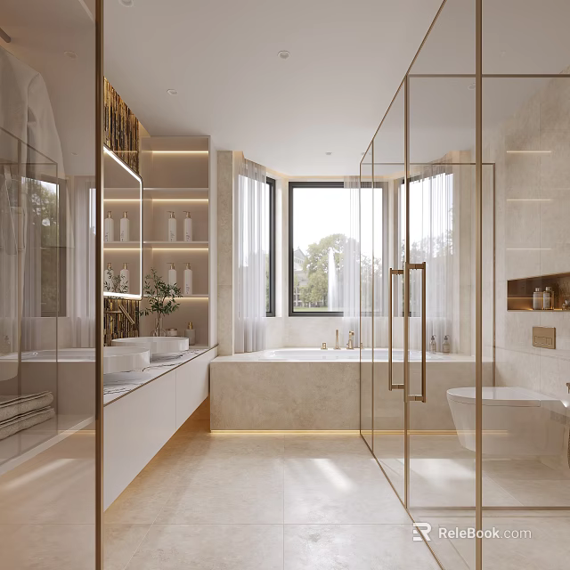 Modern Bathroom Interior With Glass Shower Bathtub Double Vanity And Mirror 3d model 