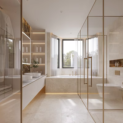 Modern Bathroom Interior With Glass Shower Bathtub Double Vanity And Mirror 3d model