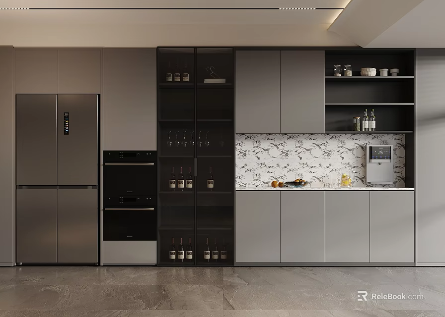 Modern Kitchen Sideboard With Marble Backsplash Wine Storage Gray Cabinets And Dishes On Shelves 3d model 