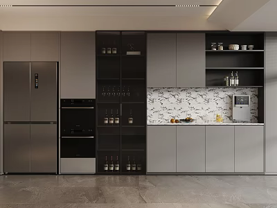Modern Kitchen Sideboard With Marble Backsplash Wine Storage Gray Cabinets And Dishes On Shelves 3d model