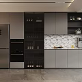 Modern Kitchen Sideboard With Marble Backsplash Wine Storage Gray Cabinets And Dishes On Shelves