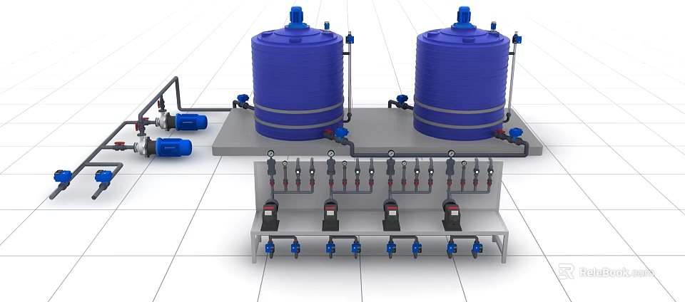 Industrial Equipment Featuring Two Large Blue Storage Tanks With Connected Pipes Valves And Control Instruments 3d model 