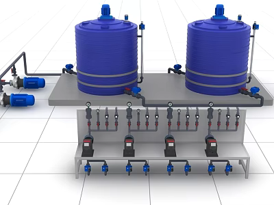 Industrial Equipment Featuring Two Large Blue Storage Tanks With Connected Pipes Valves And Control Instruments 3d model