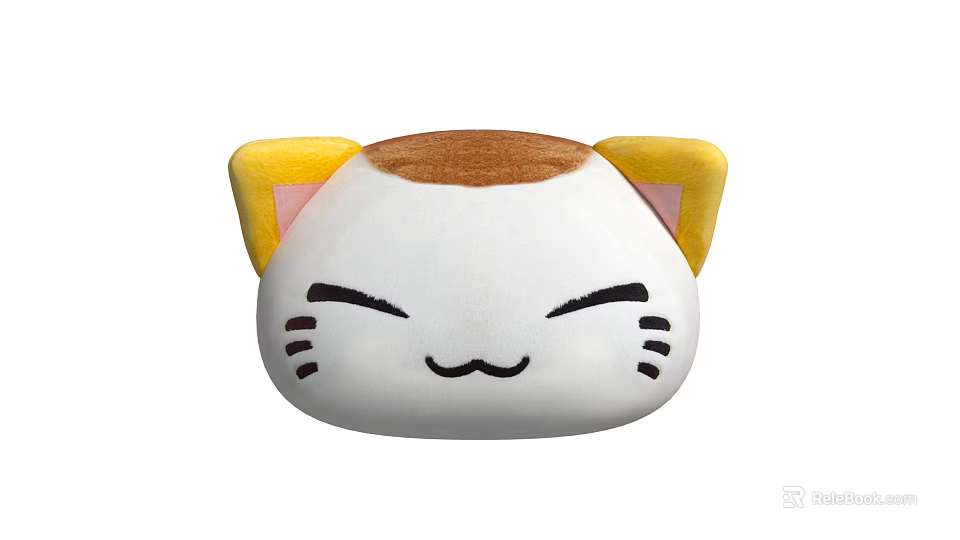 Cute Cat Shaped Plush Doll With Yellow Ears Pink Inner Ears And Smiling Face 3d model 