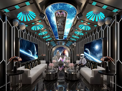 Futuristic KTV Lounge Interior With Starry Ceiling Large Screens And Blue Lighting 3d model