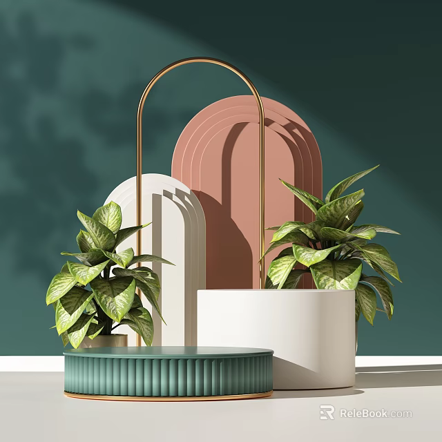 Modern Commercial Display Equipment Featuring Gold Arch Pink White Curved Structures And Green Plant Stands 3d model 