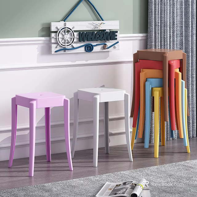 Assorted Colorful Modern Stools Stacked and Placed in Indoor Living Area 3d model 