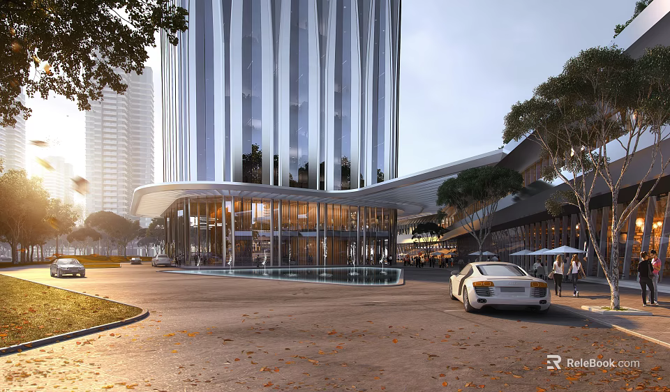 Modern Office Building With Glass Curtain Wall And Landscaped Entrance Lobby Surroundings 3d model 
