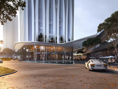 Modern Office Building With Glass Curtain Wall And Landscaped Entrance Lobby Surroundings 3d model