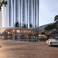 Modern Office Building With Glass Curtain Wall And Landscaped Entrance Lobby Surroundings