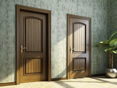 Classic Wooden Swing Doors With Patterned Wallpaper And Green Plant In Natural Light 3d model