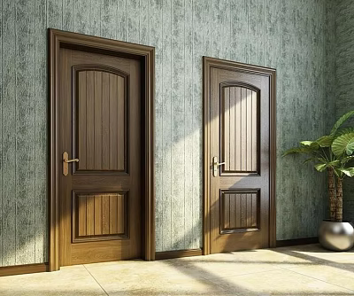 Classic Wooden Swing Doors With Patterned Wallpaper And Green Plant In Natural Light 3d model
