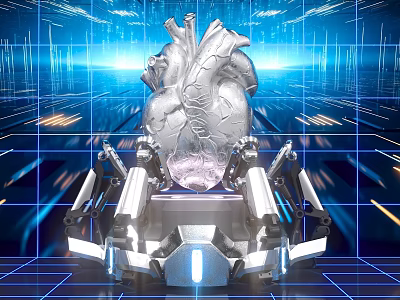 Futuristic Medical Tech Photo Check-in Spot With Transparent Heart Model And Robotic Arms 3d model