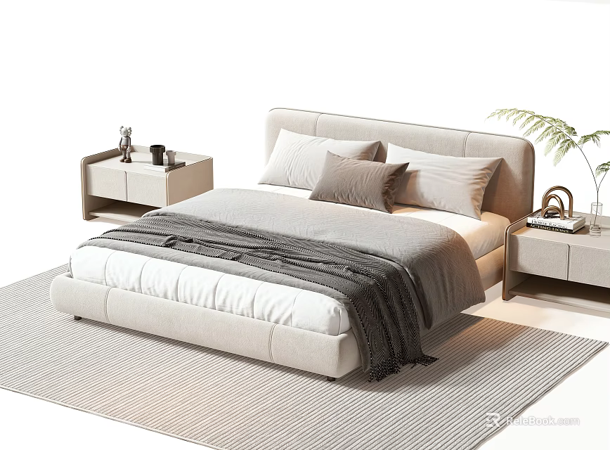 Modern Double Bed with Upholstered Headboard Pillows and Blanket on Rug with Nightstands and Plant 3d model 