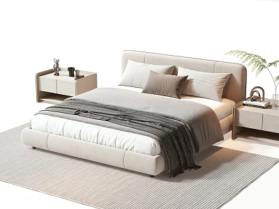 Modern Double Bed with Upholstered Headboard Pillows and Blanket on Rug with Nightstands and Plant 3d model